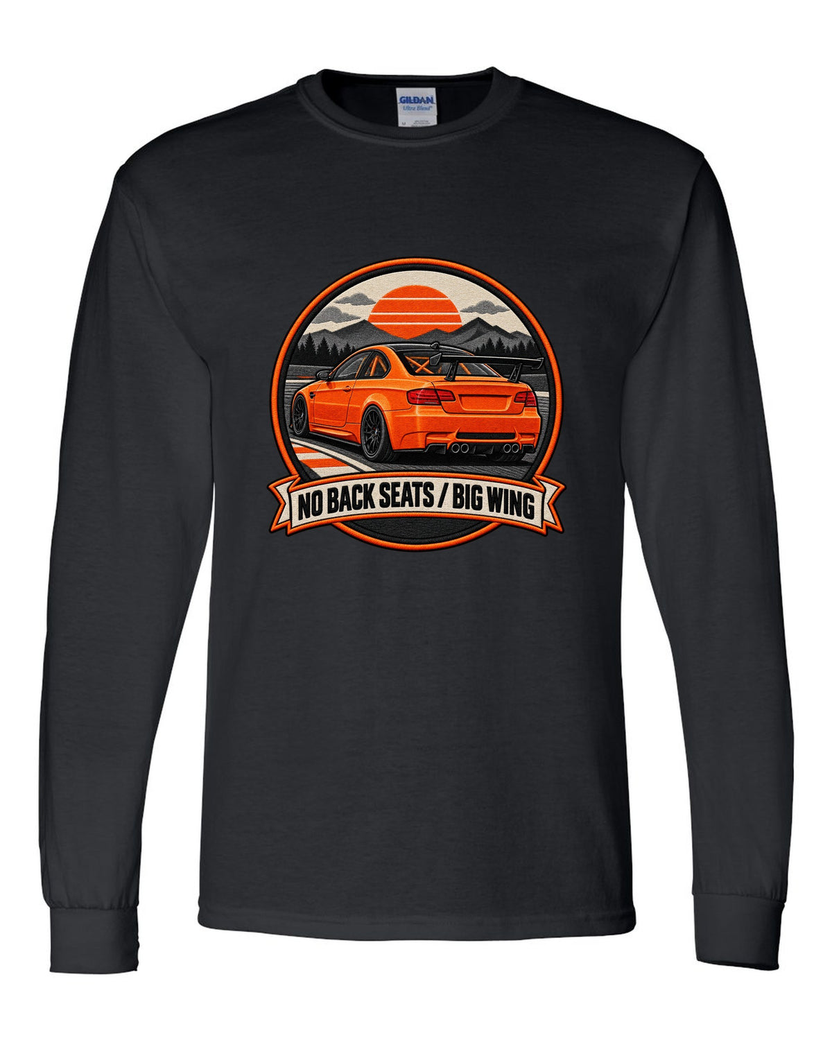 BMW E92 M3 GTS crest print with no back seats big wing text black long sleeve front view with the design