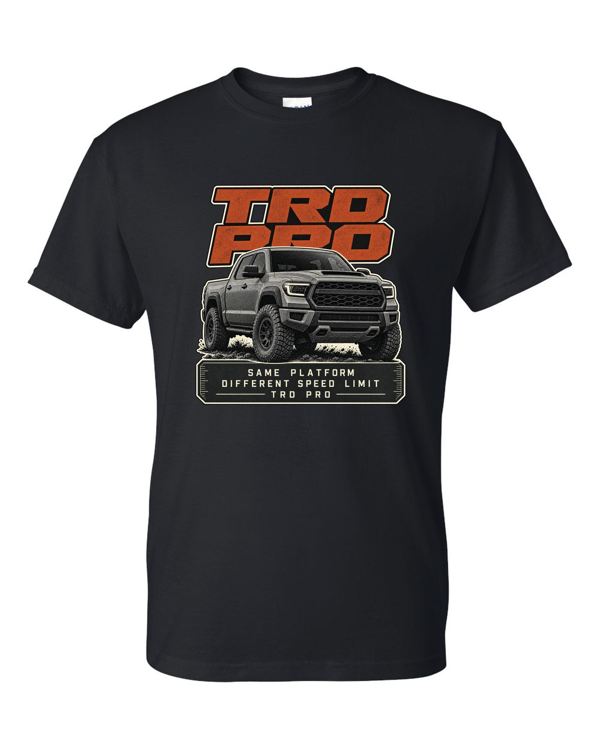 Toyota Tundra TRD Pro halftone statement design black t-shirt front view with the design