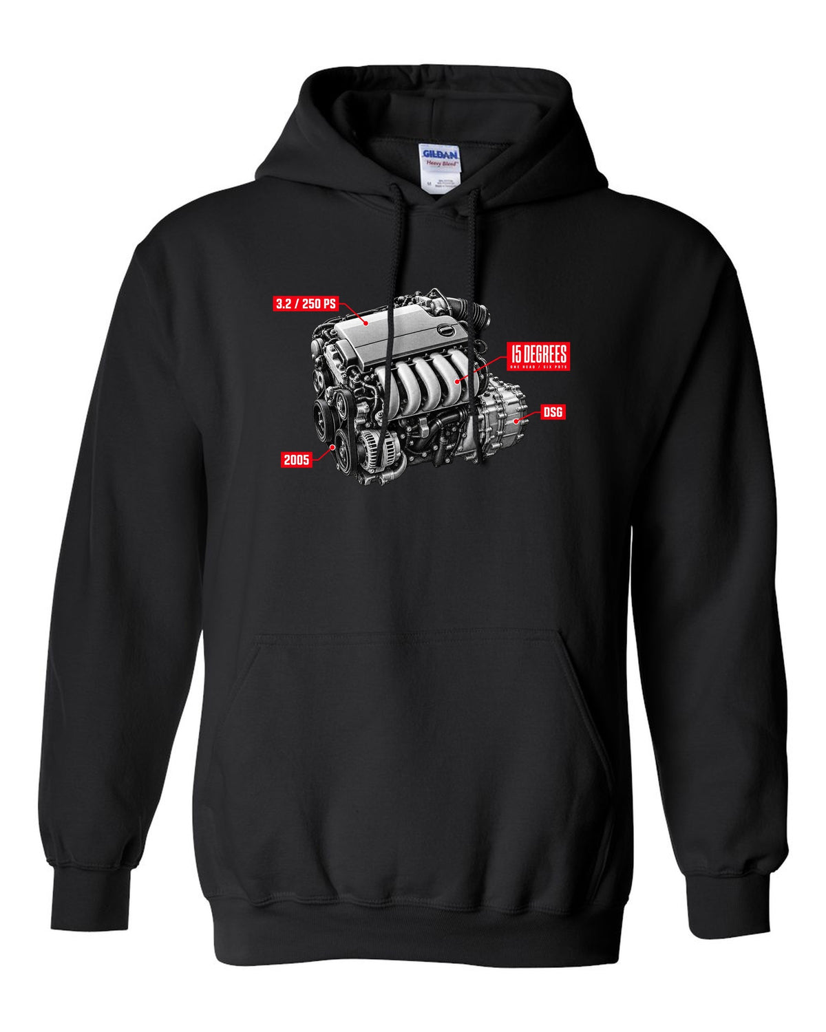 VW Golf R32 Mk5 2005 VR6 engine hero design with 15 degrees one head text black pull over hoodie front view with the design