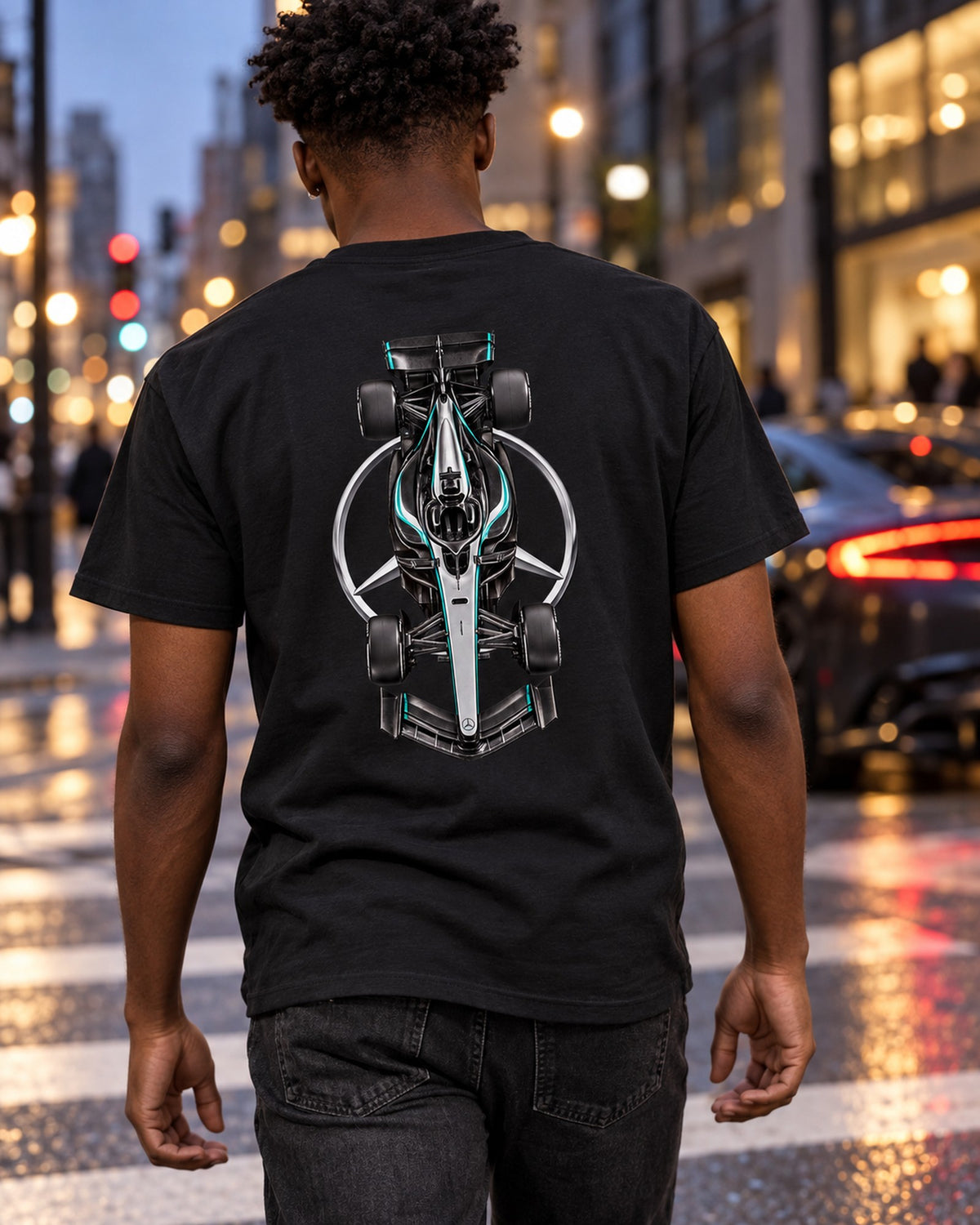 Mercedes W17 2026 F1 Overhead Poster Shirt, Formula 1 Tee, Design 23 T-Shirt Black worn hero