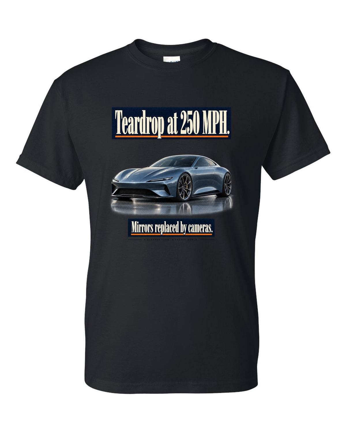 Editorial headline print of a steel blue McLaren Speedtail black t-shirt front view with the design