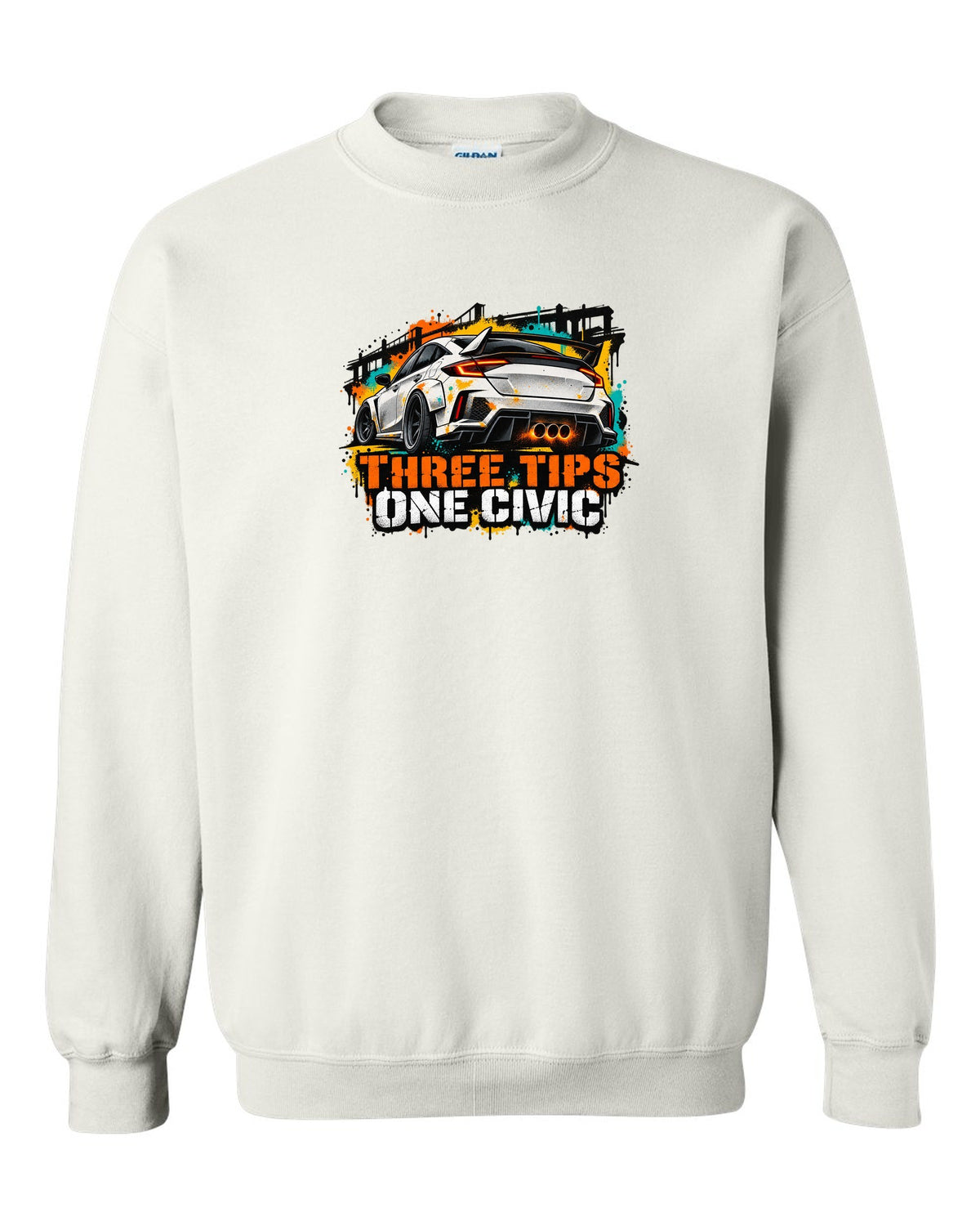 Stencil spray street art print of a 2023 Honda Civic FL5 ch with three tips one Civic text white crewneck front view with the design