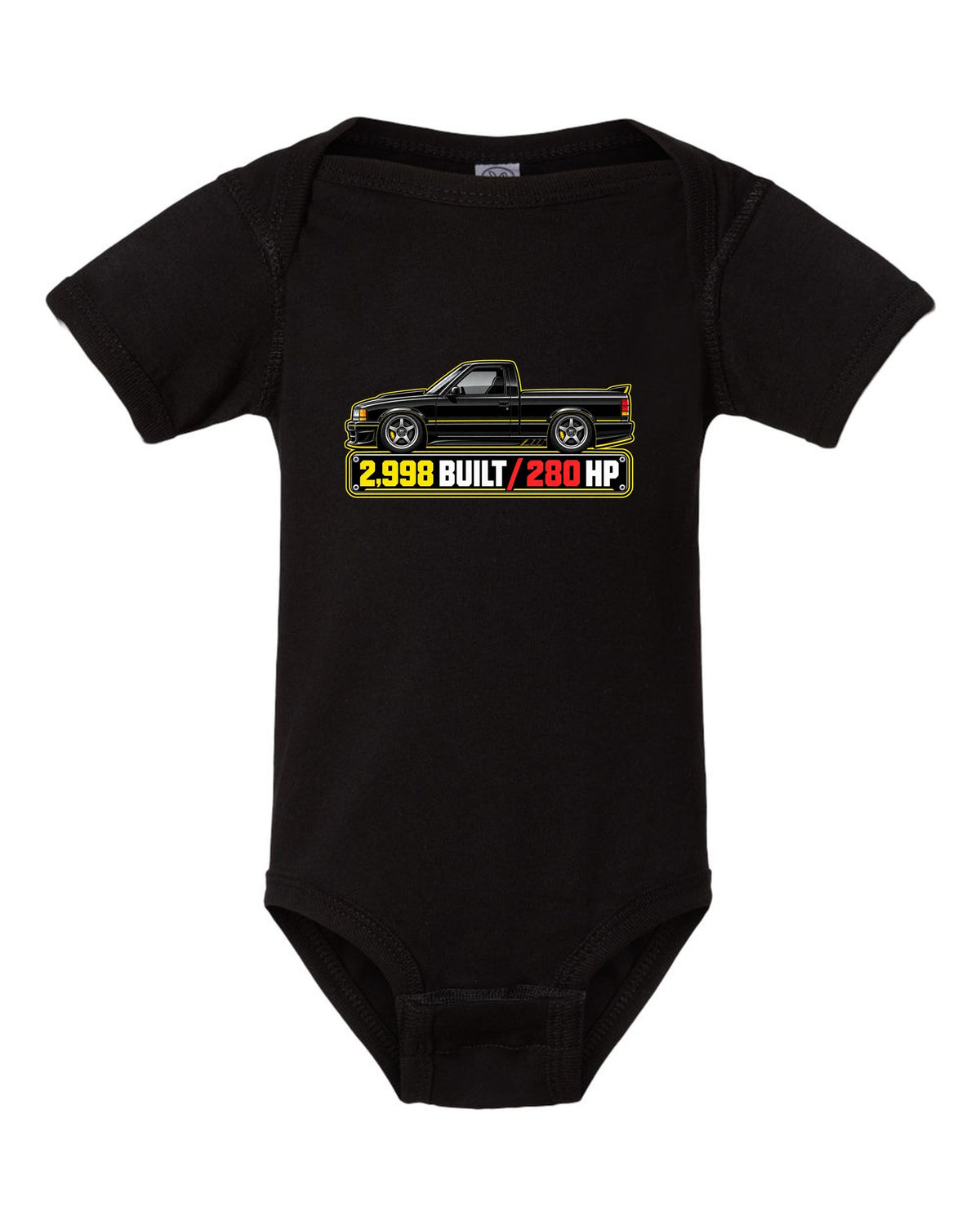 Spec-sheet data plate print of a 1991 GMC Syclone with 2,998 built and 280 HP lettering black baby onesie front view with the design