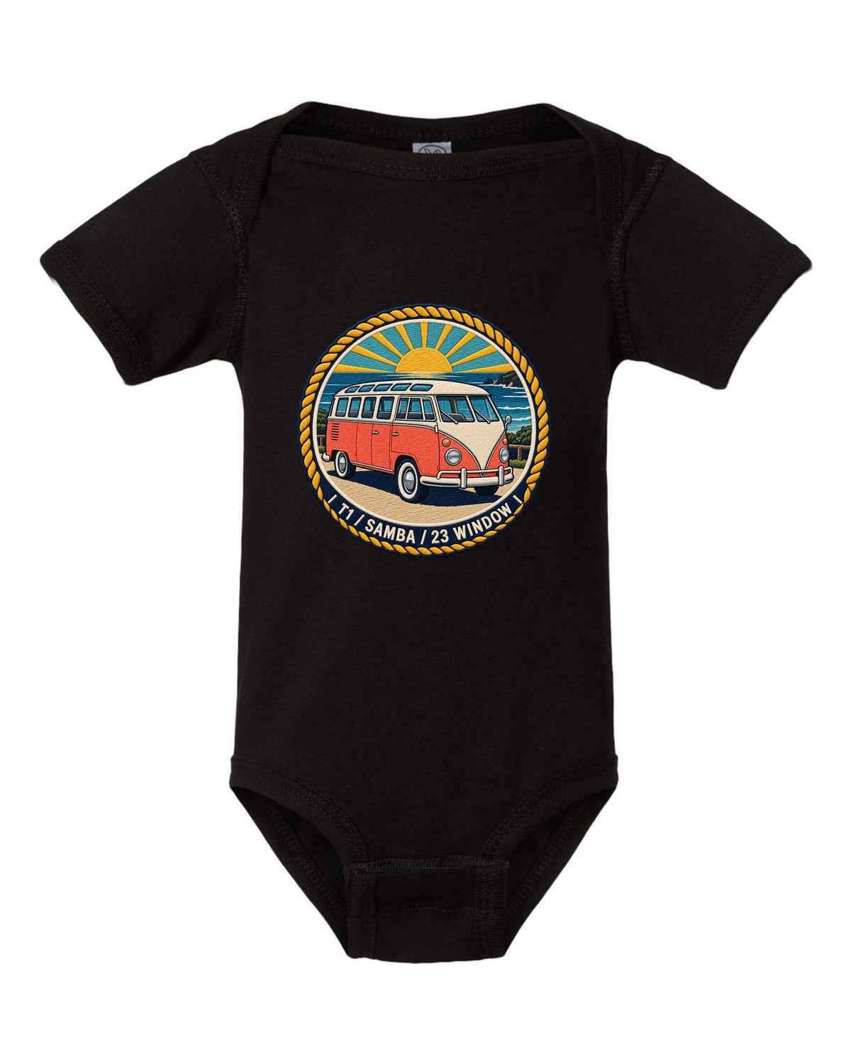Round crest for the VW Bus T1 Samba 23 window black baby onesie front view with the design