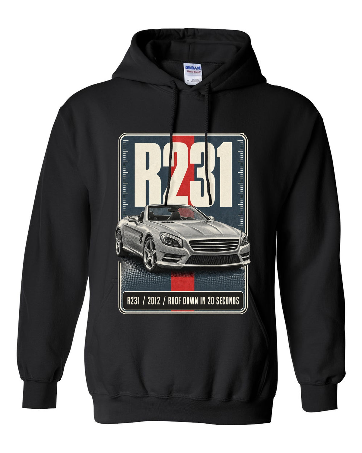 Mercedes-Benz SL R231 low front three-quarter halftone print in warm grey black pull over hoodie front view with the design