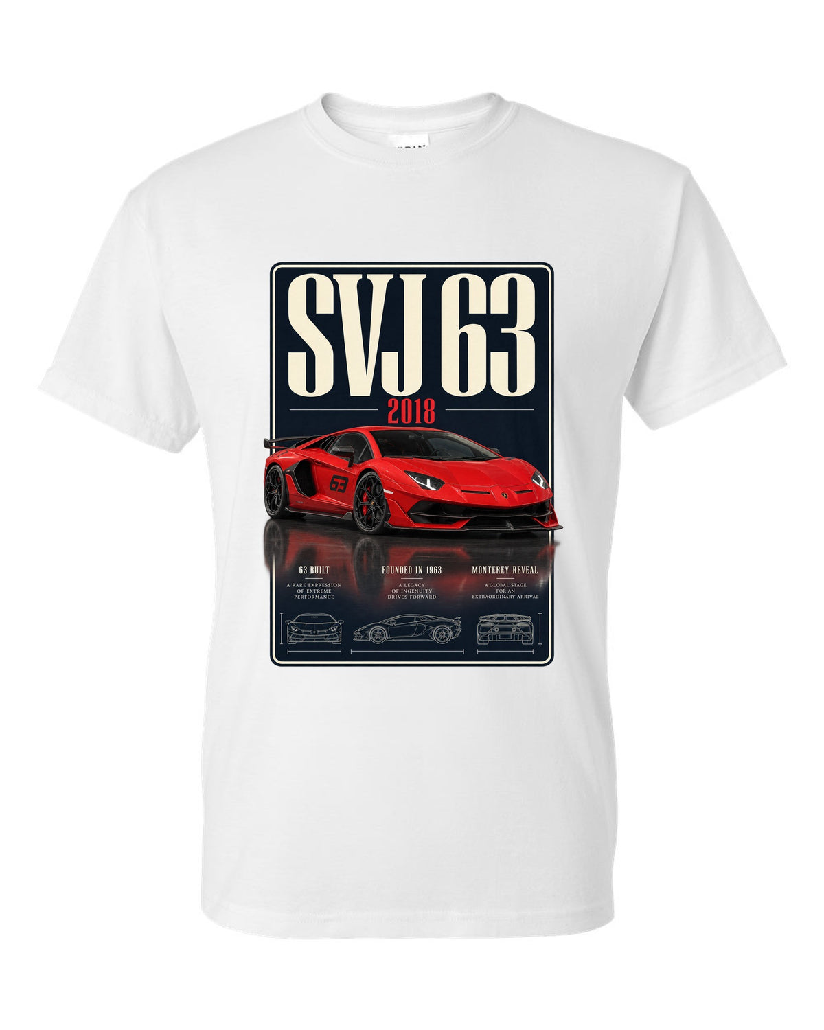 Archive panel print of the Lamborghini Aventador SVJ 63 limited edition white t-shirt front view with the design