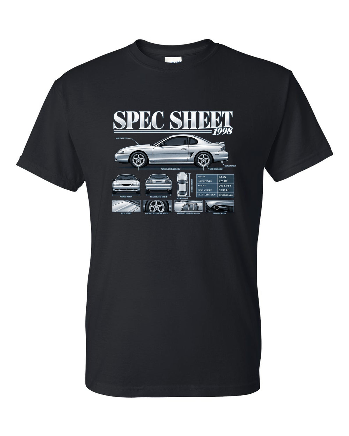 Spec sheet poster print of a 1998 SN95 Ford Mustang GT coupe black t-shirt front view with the design