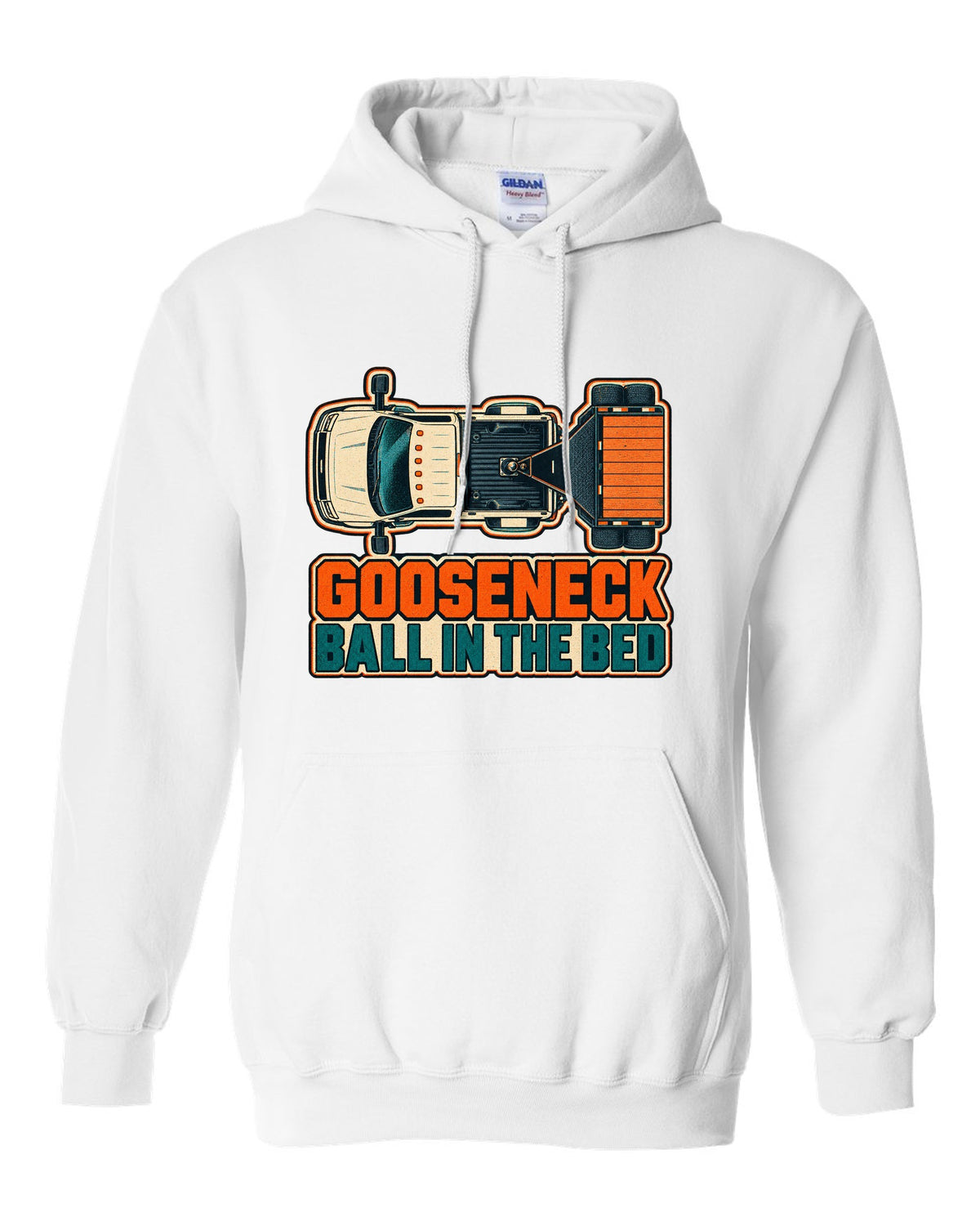 Top-down risograph print of a 2019-2024 Ram HD 3500 long bed with gooseneck ball in the bed text white pull over hoodie front view with the design