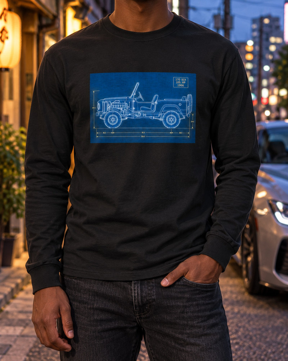 1966 Ford Bronco U13 Roadster Dawn Trailhead Blueprint Shirt Long Sleeve Black worn hero