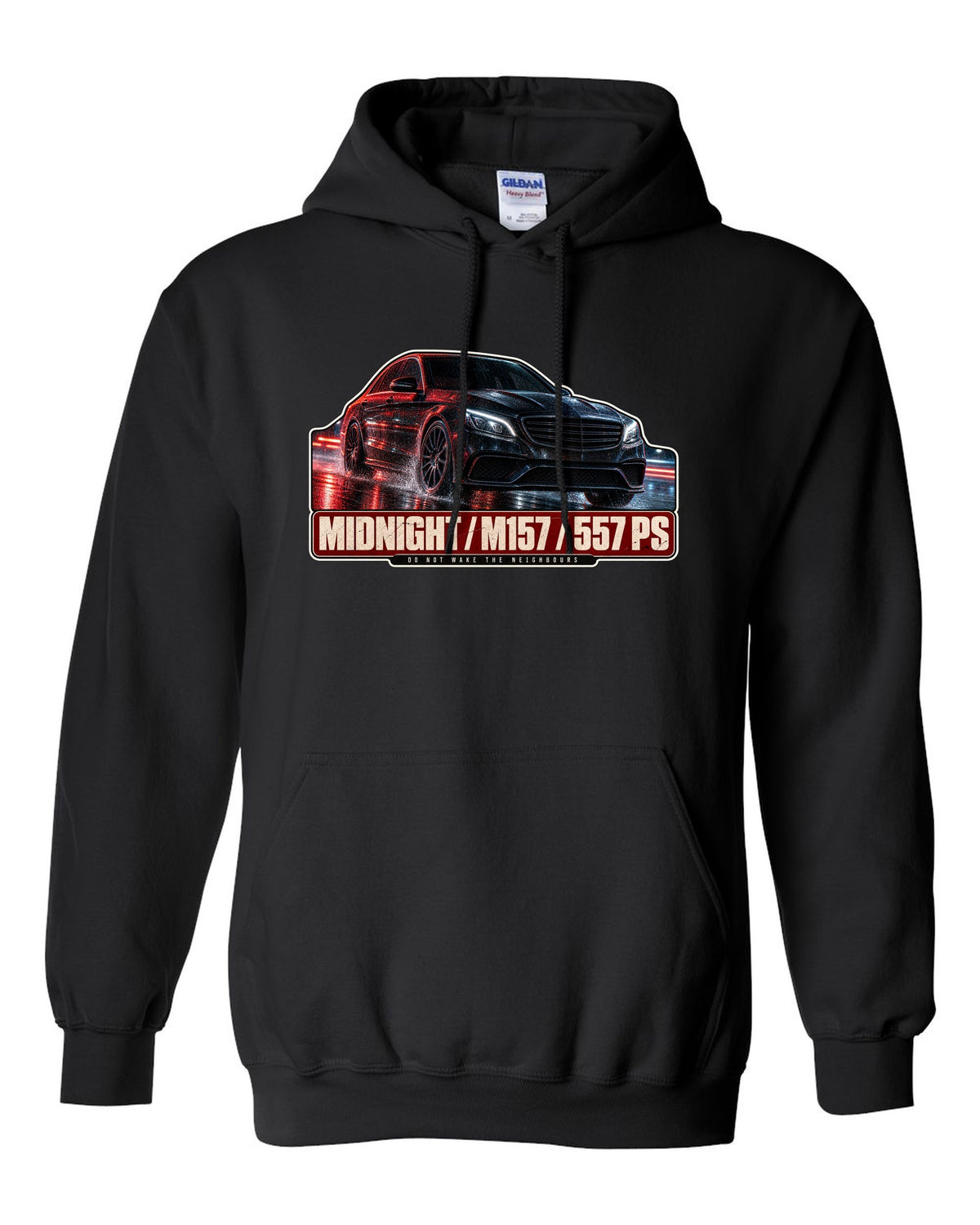 Night street print of a Mercedes-AMG E63 W212 facelift in blue and red light black pull over hoodie front view with the design