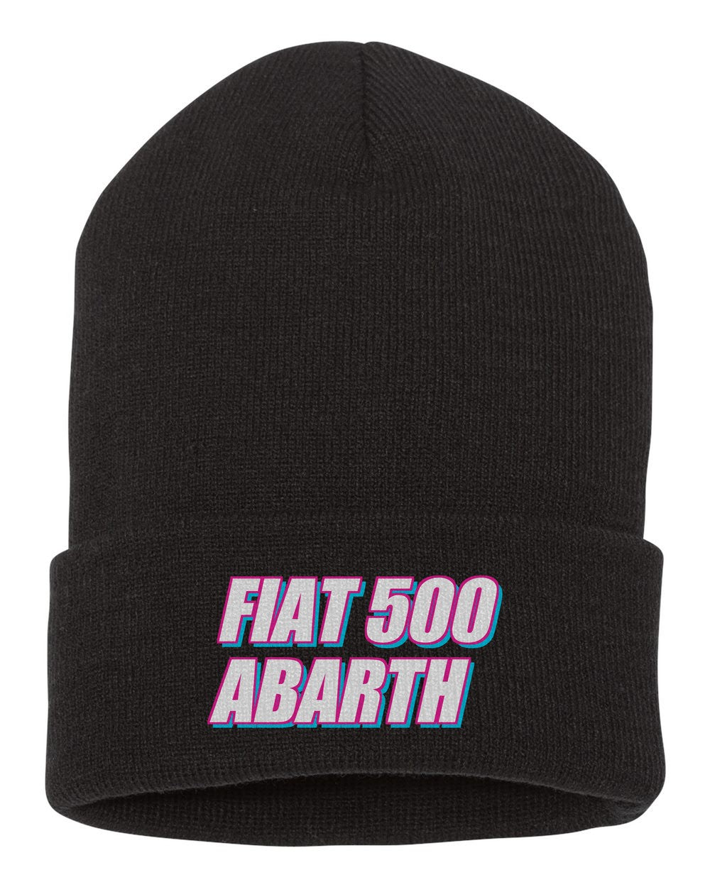 Fiat 500 Abarth black beanie front view with car name