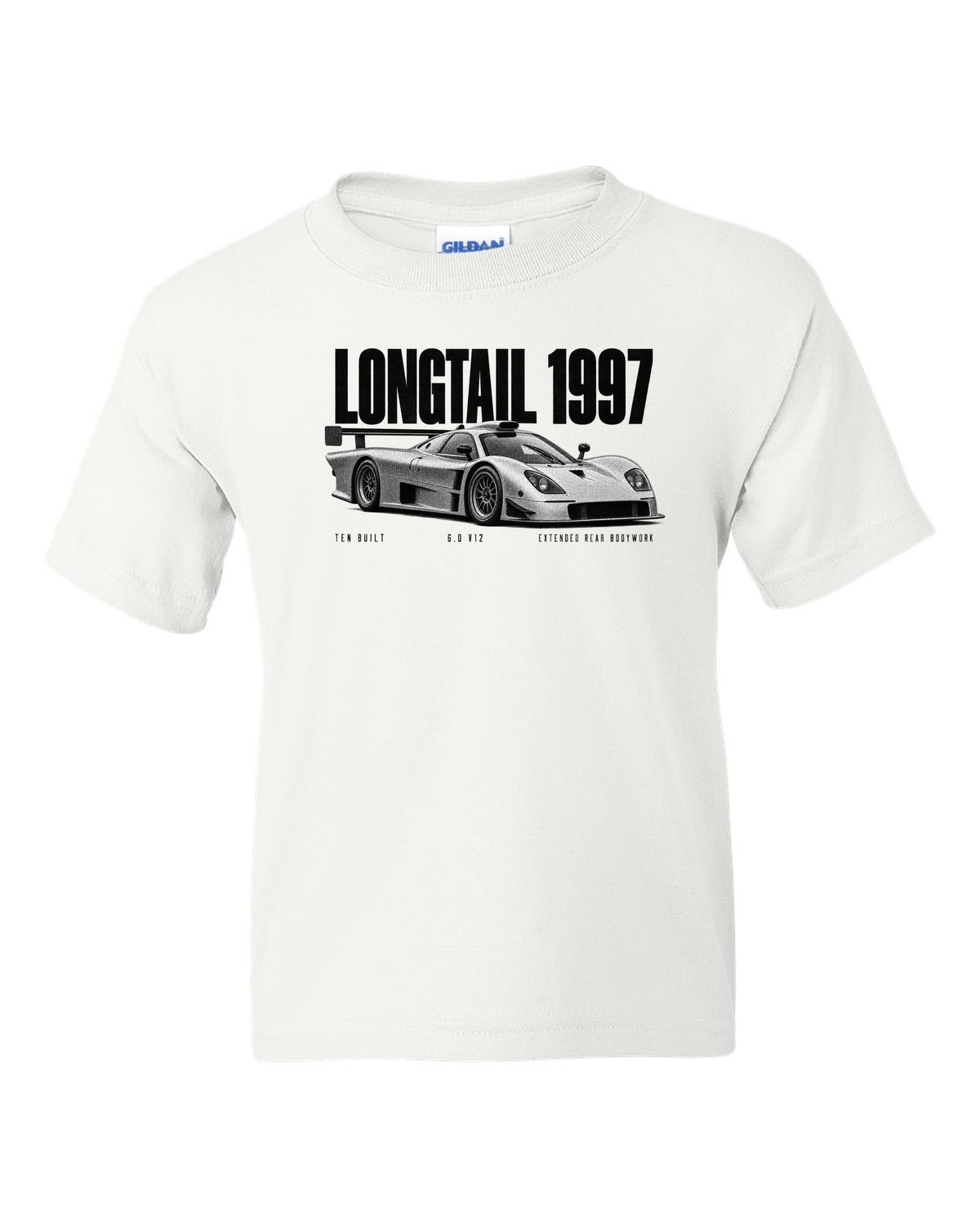 Halftone print of a 1997 McLaren F1 GTR Longtail with extended rear bodywork white kids tee front view with the design