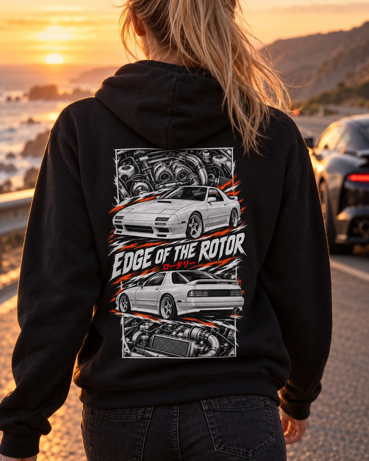 Mazda RX-7 Fc3S Torn Poster Full-Back Graphic Tee Pull Over Hoodie Black worn hero