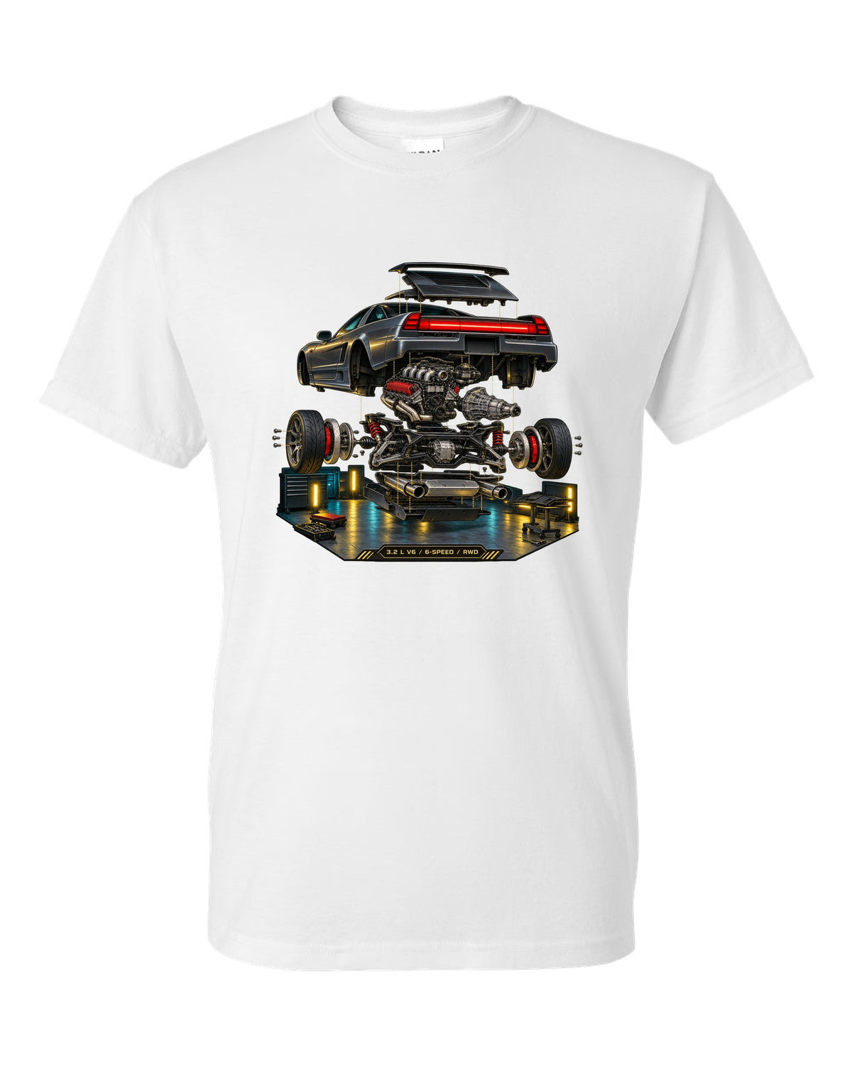 Isometric exploded diagram print of the Honda NSX NA2 with 3.2 L V6 6-speed RWD text white t-shirt front view with the design