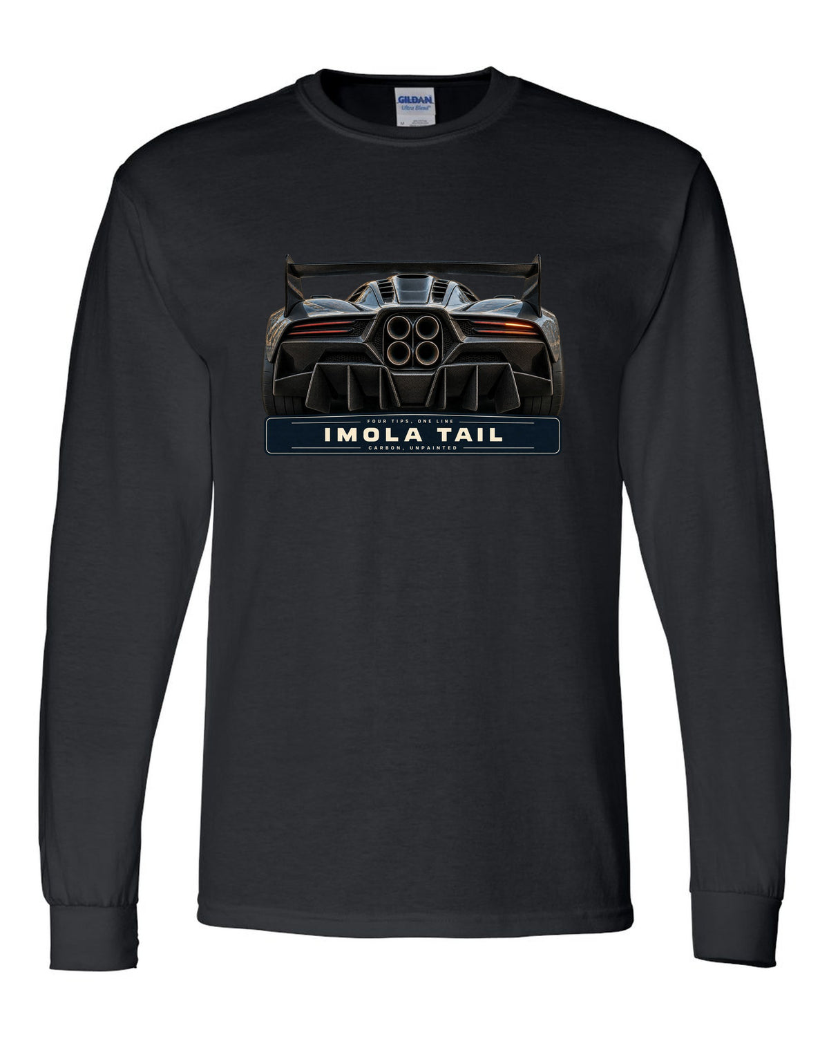 Taillight macro print of the Pagani Huayra Imola with the text four tips, one line, Imola tail, carbon, unpainted black long sleeve front view with the design