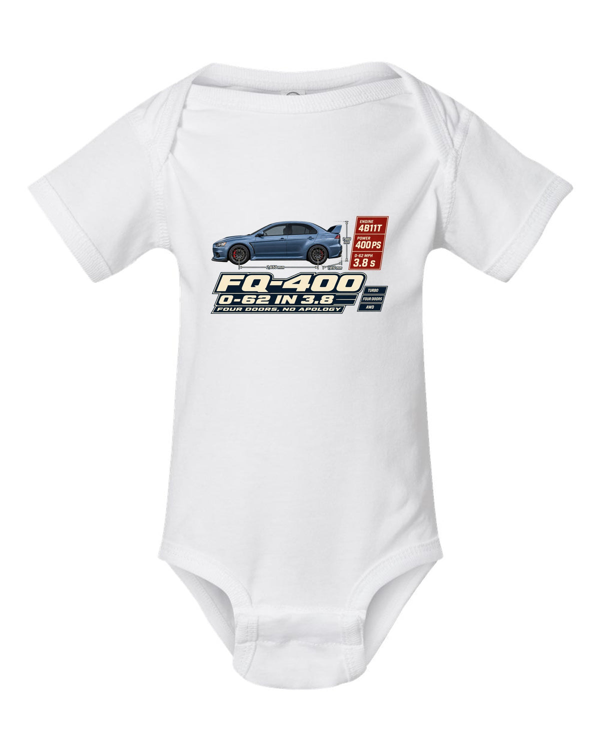 Evo X FQ-400 Spec Poster Tee, 0-62 in 3.8, Four Doors white baby onesie front view with the design