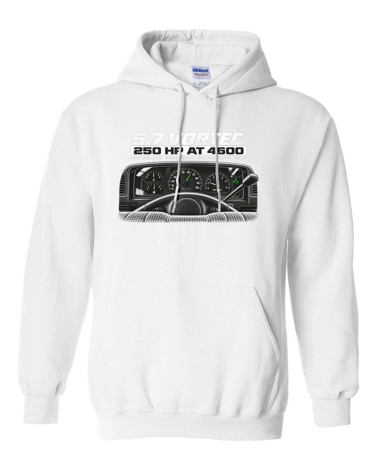 OBS Chevy C1500 cockpit and gauge cluster print white pull over hoodie front view with the design