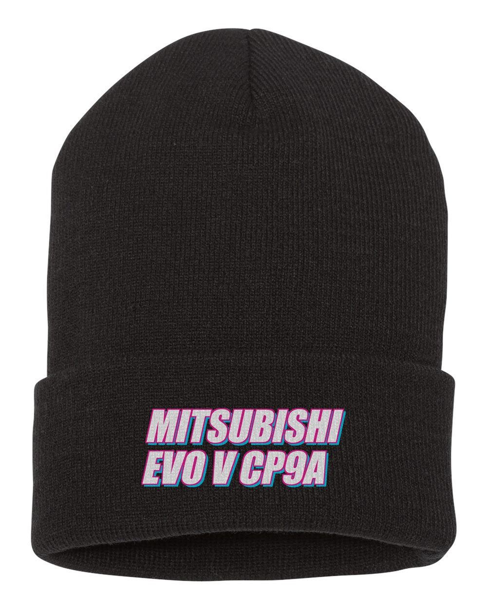 Mitsubishi Evo V Cp9A black beanie front view with car name