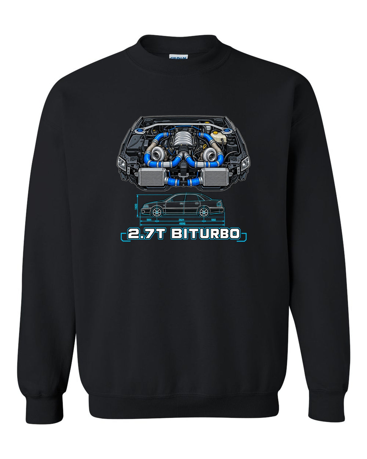 Technical blueprint print of an Audi S4 B5 with 2.7T Biturbo text black crewneck front view with the design