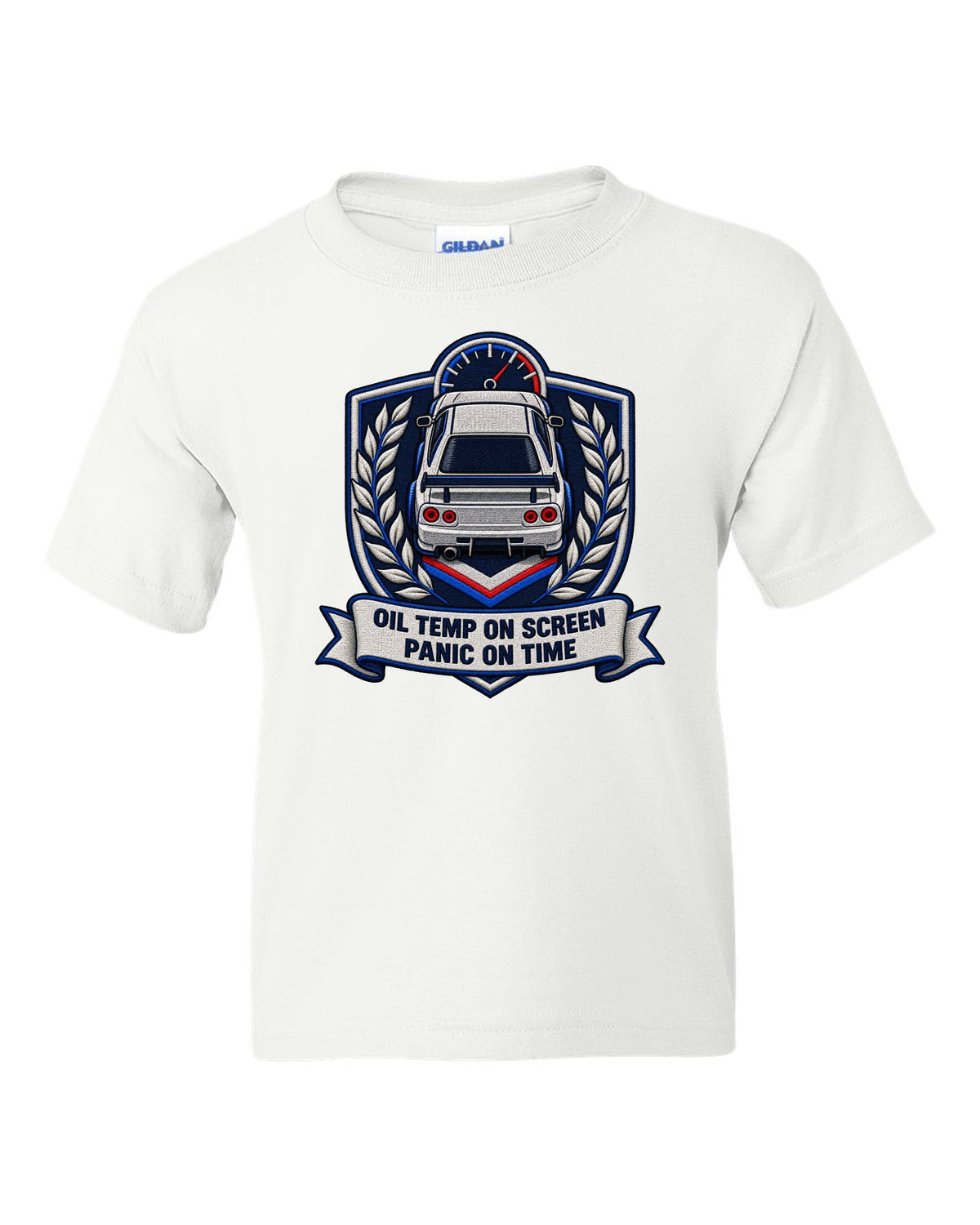 Embroidery-style shield crest print for the Nissan Skyline GT-R BNR34 with oil temp lettering white kids tee front view with the design