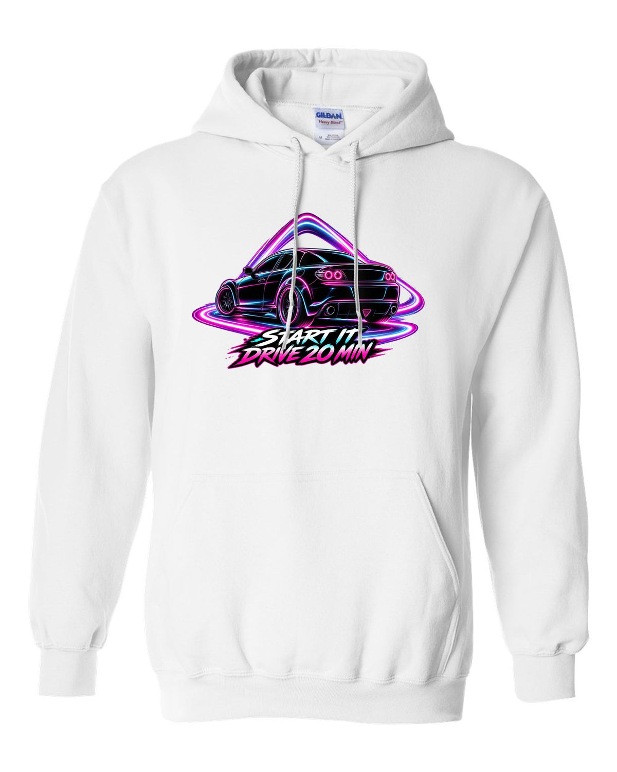 Neon outline light painting of a Mazda RX-8 SE3P with START IT / DRIVE 20 MIN lettering white pull over hoodie front view with the design