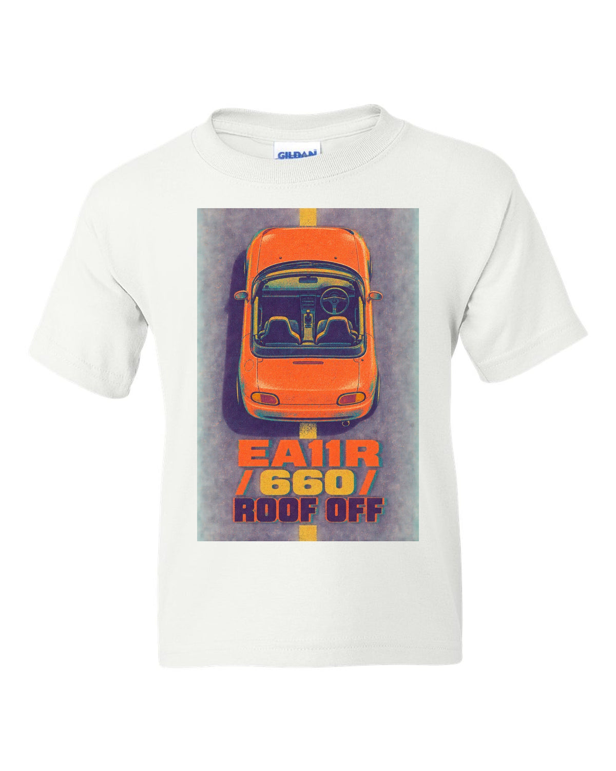 Risograph-style Suzuki Cappuccino EA11R with the text 660 and roof off white kids tee front view with the design