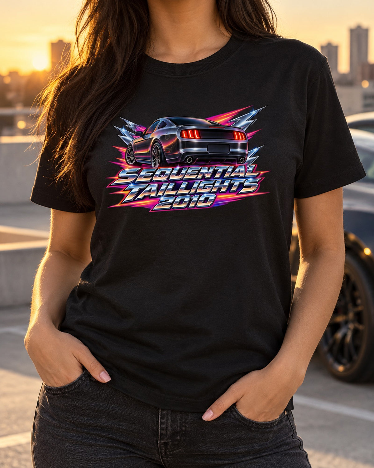 2010 S197 Mustang Sequential Taillights Airbrush Sunset Shirt T-Shirt Black worn hero