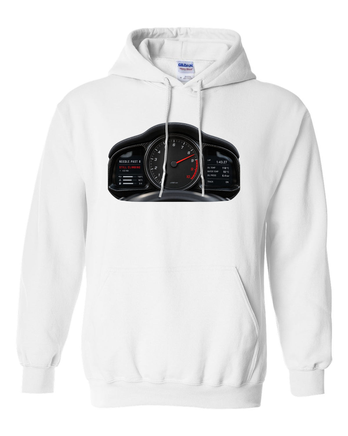 Cockpit gauge print of a 2022 Porsche 911 GT3 RS 992 tachometer past 8 white pull over hoodie front view with the design