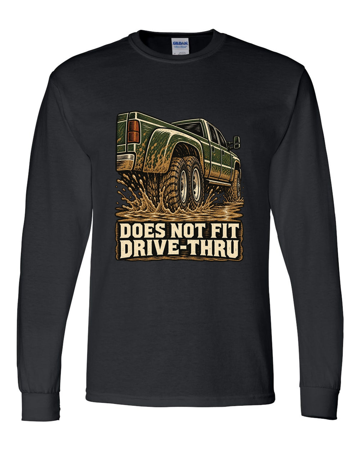 Woodcut print of a 1994-1998 Dodge Ram 3500 dually Cummins with drive-thru text black long sleeve front view with the design