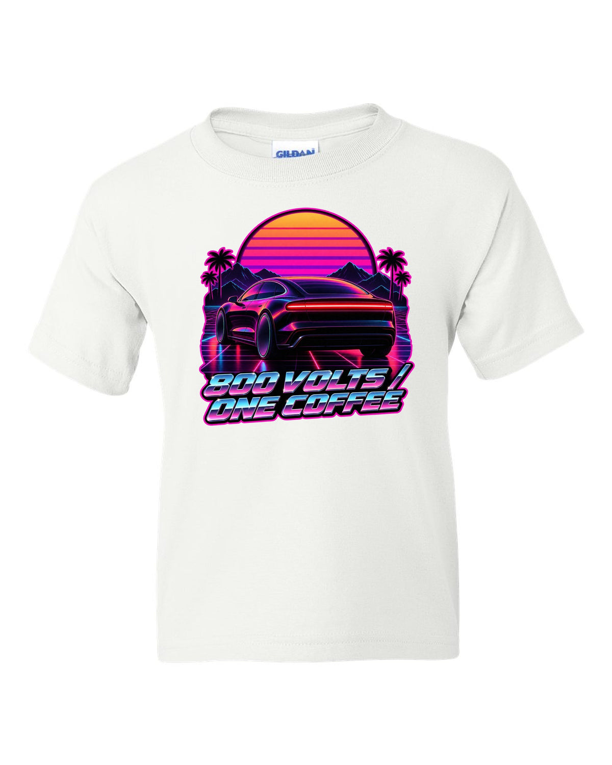 Porsche Taycan Turbo S 9J1 synthwave outrun light bar print with the text 800 volts one coffee white kids tee front view with the design