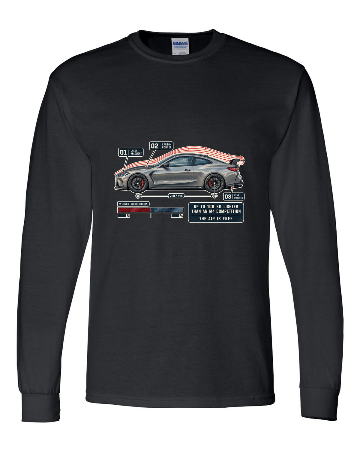 BMW M4 CSL G82 aero flow cutaway print black long sleeve front view with the design