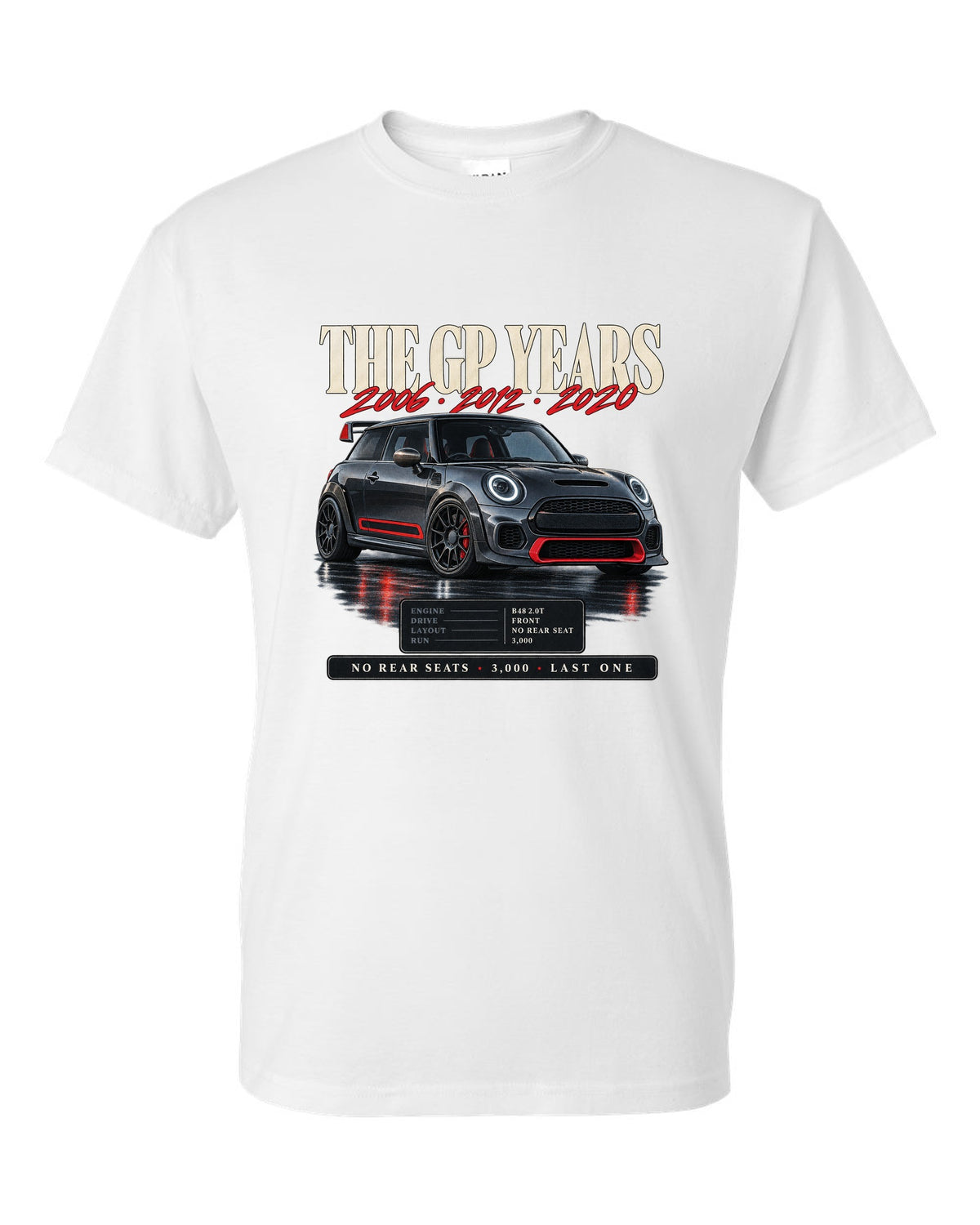 Archive panel print of a Mini Cooper JCW GP F56 with the years 2006, 2012 and 2020 white t-shirt front view with the design