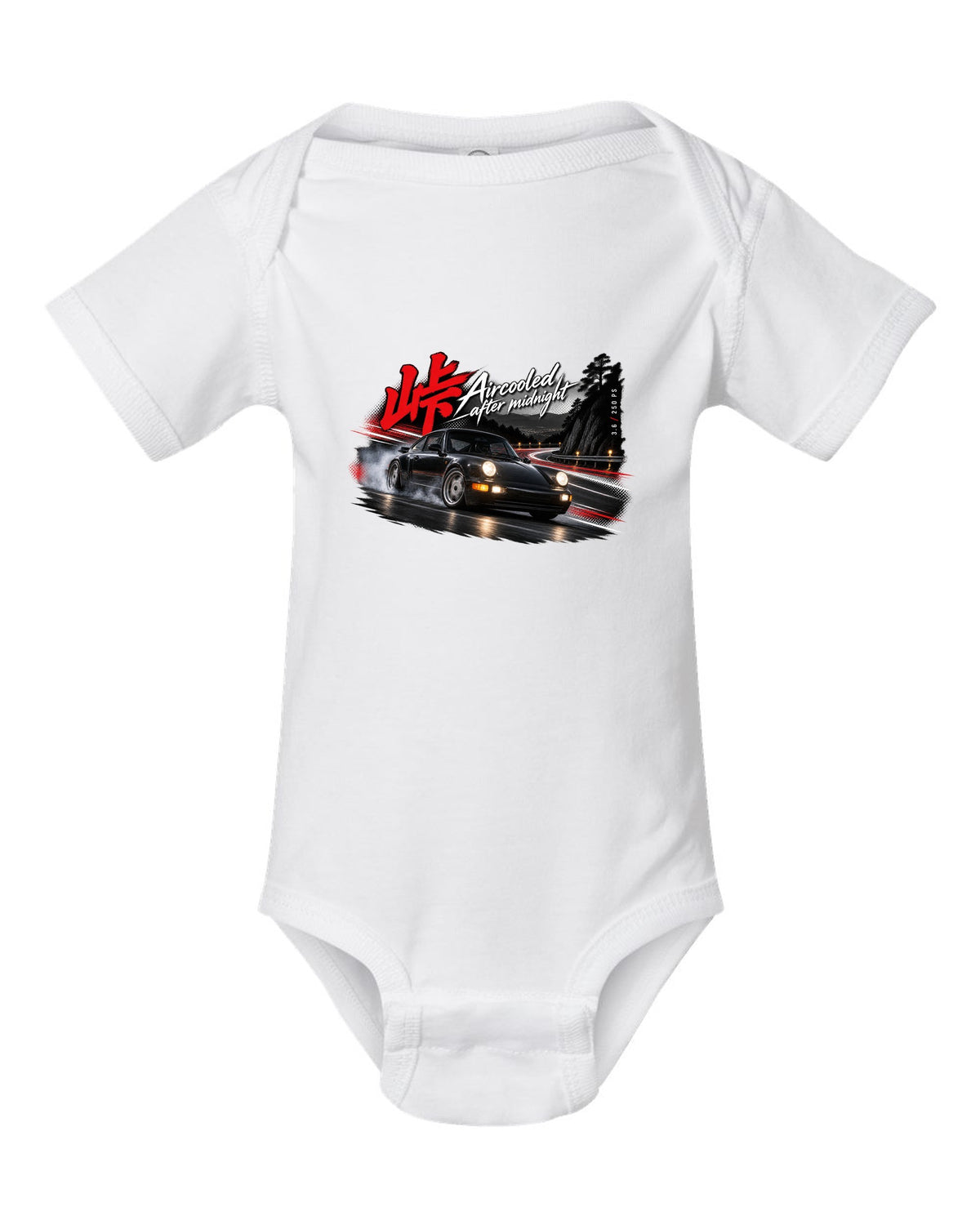 Touge night print of a Porsche 911 Carrera 2 (964) with the line Aircooled after midnight white baby onesie front view with the design