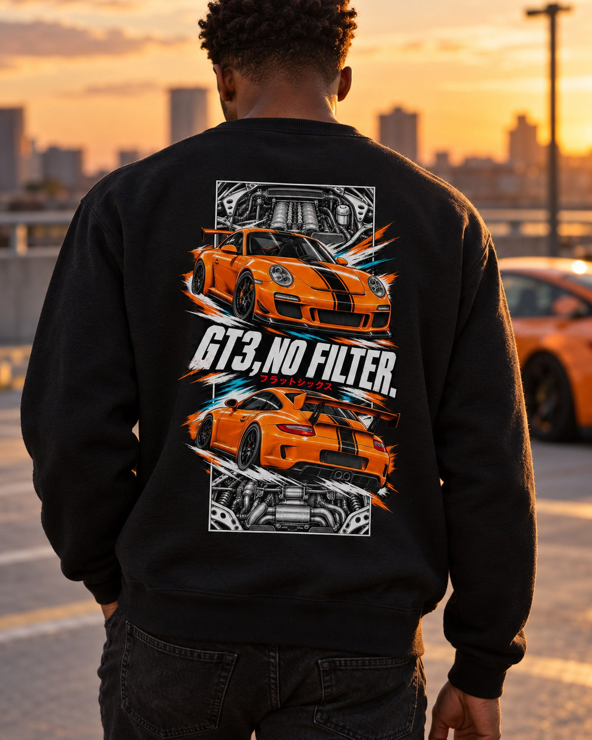 Porsche 997 Gt3 Torn Poster Full-Back Graphic Tee Crewneck Black worn hero