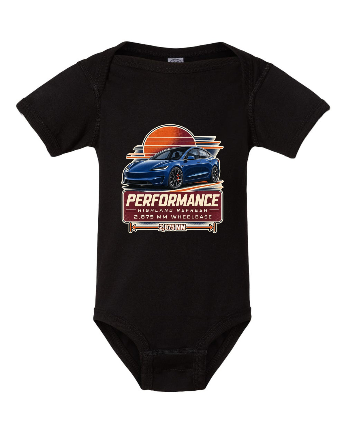 Spec poster print of a Tesla Model 3 Performance Highland refresh black baby onesie front view with the design