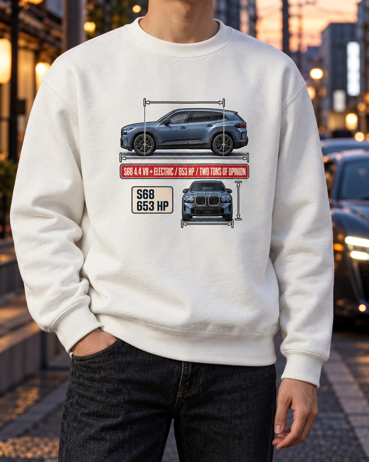 BMW XM G09 Dimension Blueprint Tee, S68 V8 Plug-In SUV Crewneck White worn hero