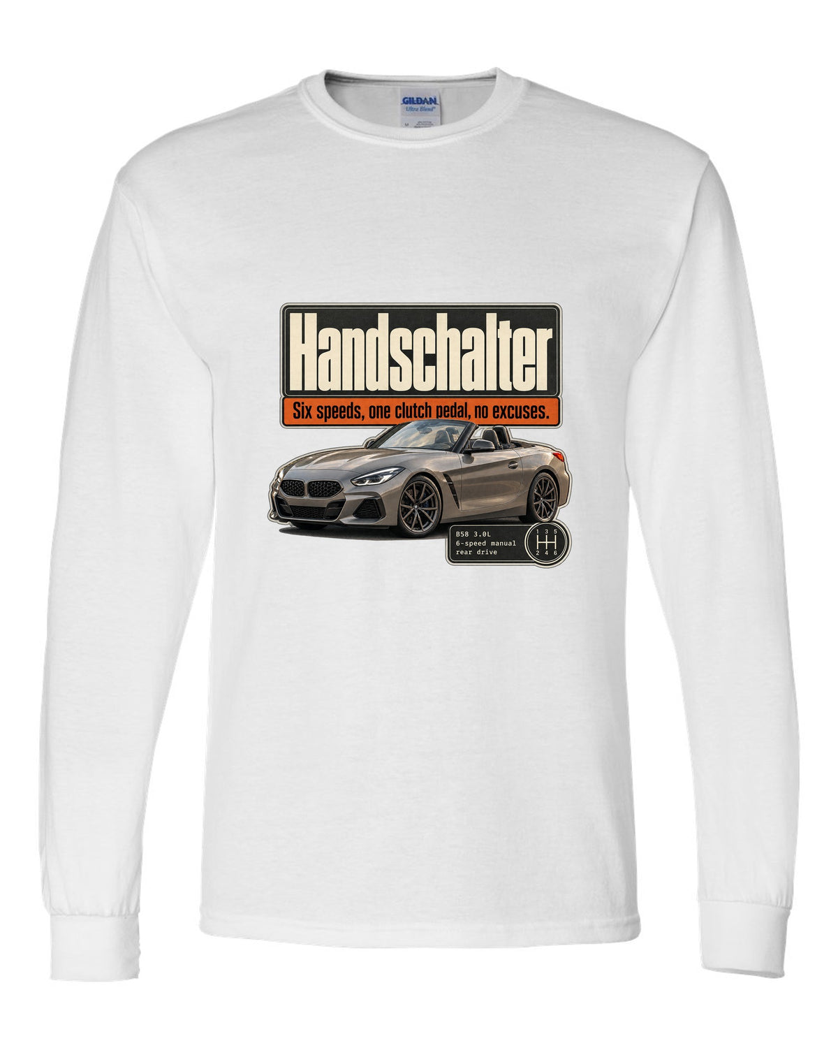 Editorial print for the BMW Z4 M40i six-speed manual labelled Handschalter white long sleeve front view with the design