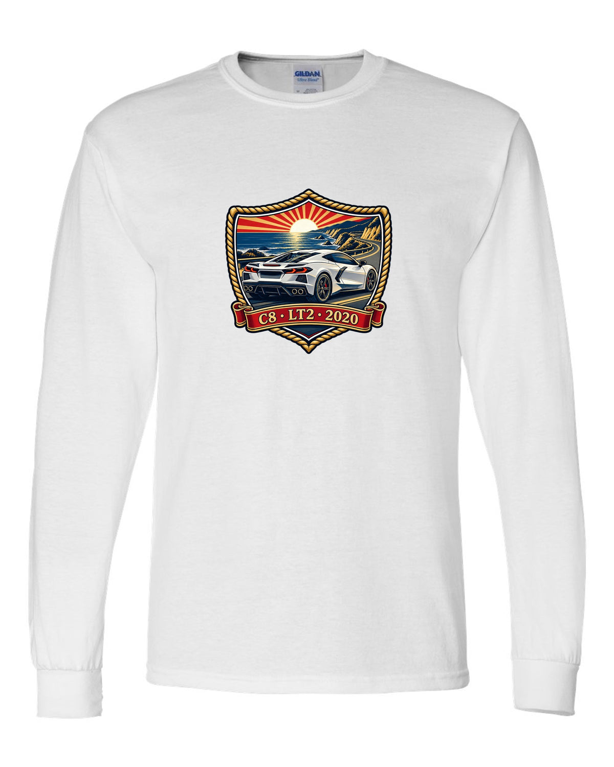 Shield crest design of a 2020 C8 mid-engine Corvette Stingray white long sleeve front view with the design