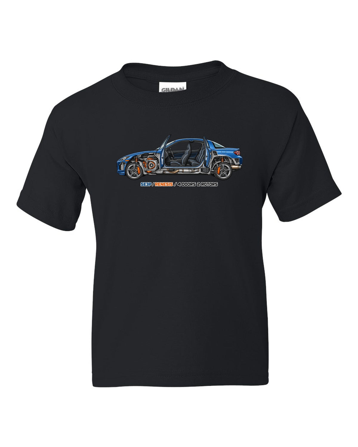 Technical cutaway illustration of the Mazda RX-8 SE3P with RENESIS and 4 DOORS 2 ROTORS lettering black kids tee front view with the design