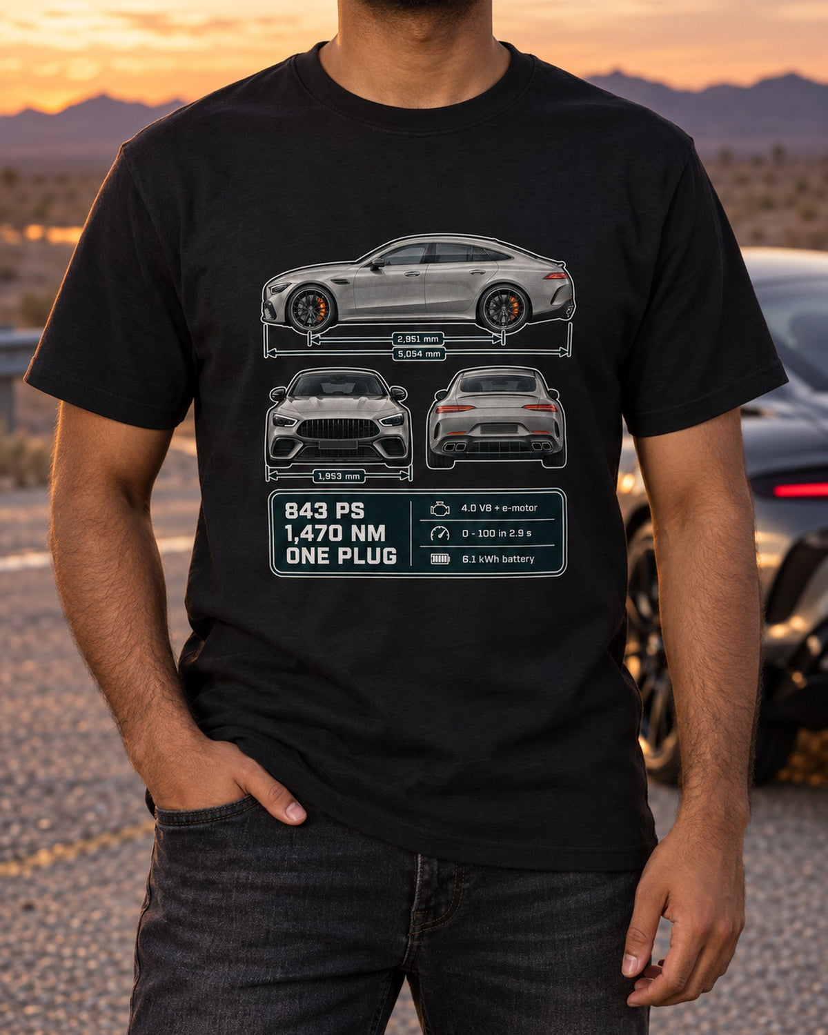AMG GT 63 S E Performance 4-Door Three-View Spec Table Shirt T-Shirt Black worn hero