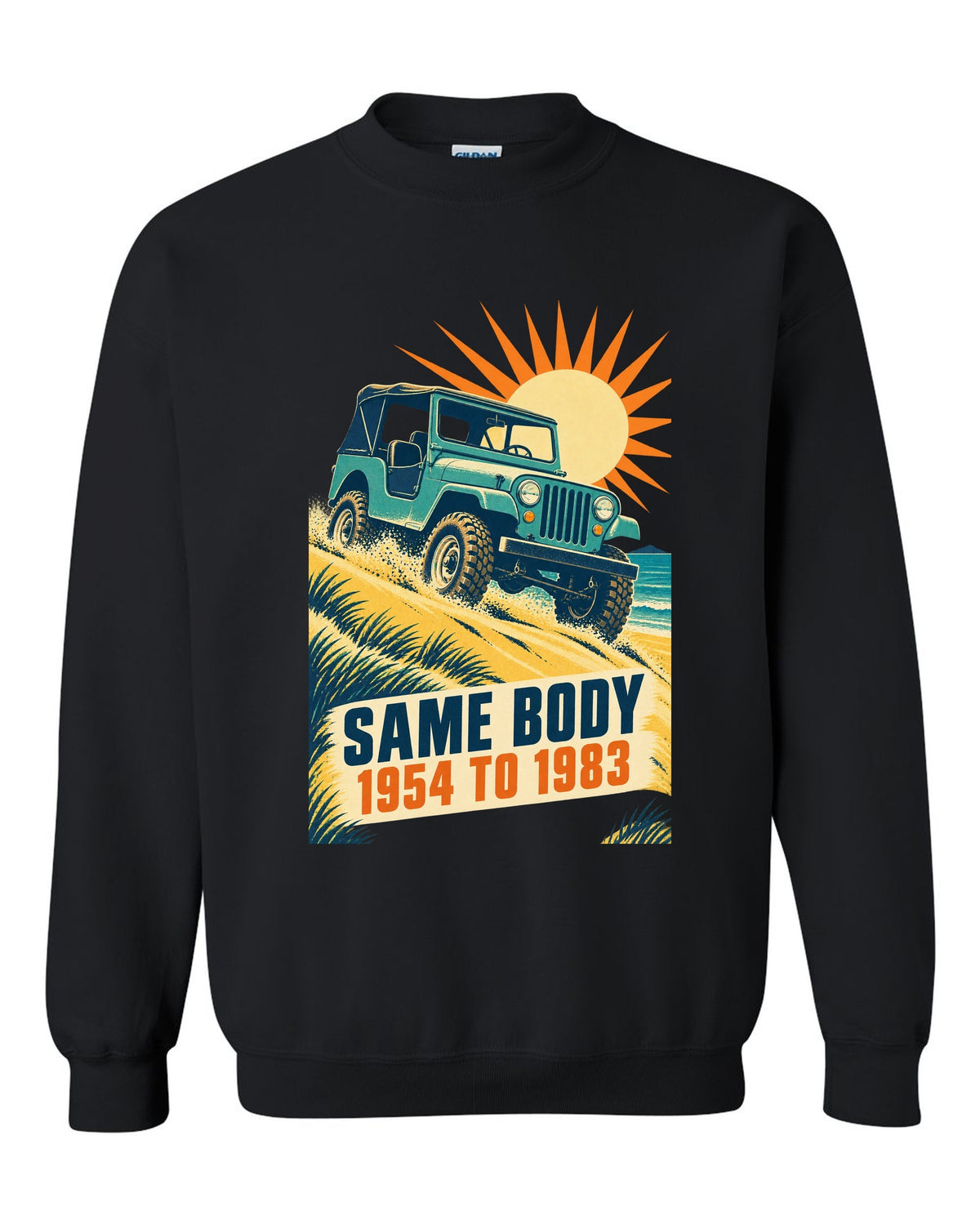 Vintage race poster print of a Jeep CJ-5 climbing a dune black crewneck front view with the design