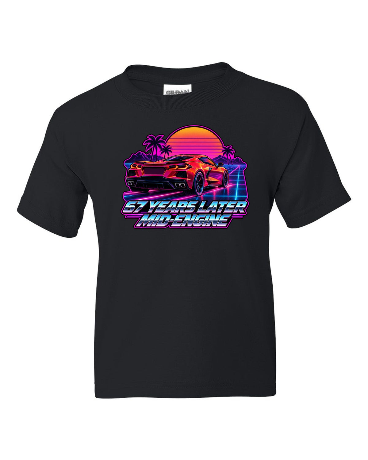 Spec-sheet data plate with overhead view of a 2023 C8 Corvette Z06 black kids tee front view with the design