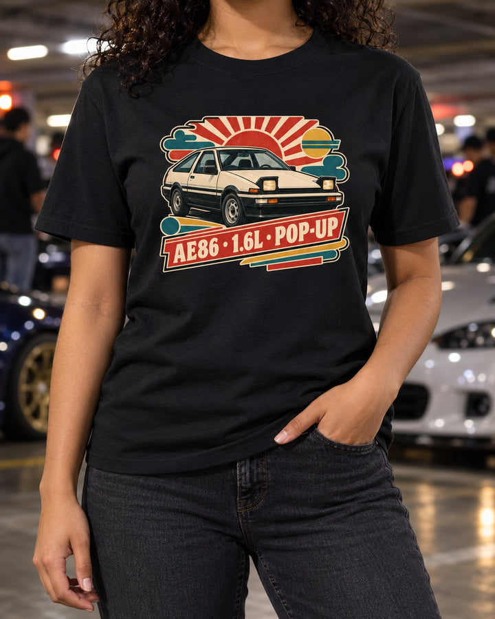 1985 Toyota Sprinter Trueno AE86 Showa Catalogue Ad Tee T-Shirt Black worn hero