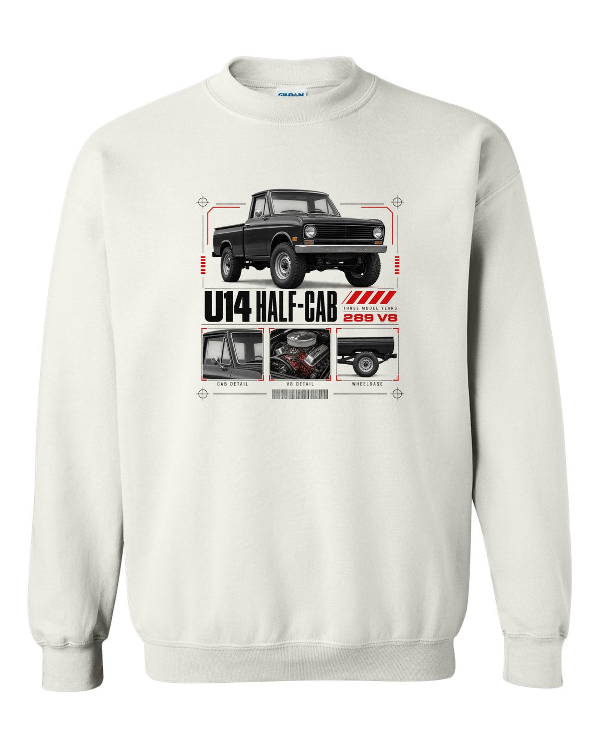 Ford Early Bronco U14 half-cab dossier panel print with 289 V8 and three model years white crewneck front view with the design