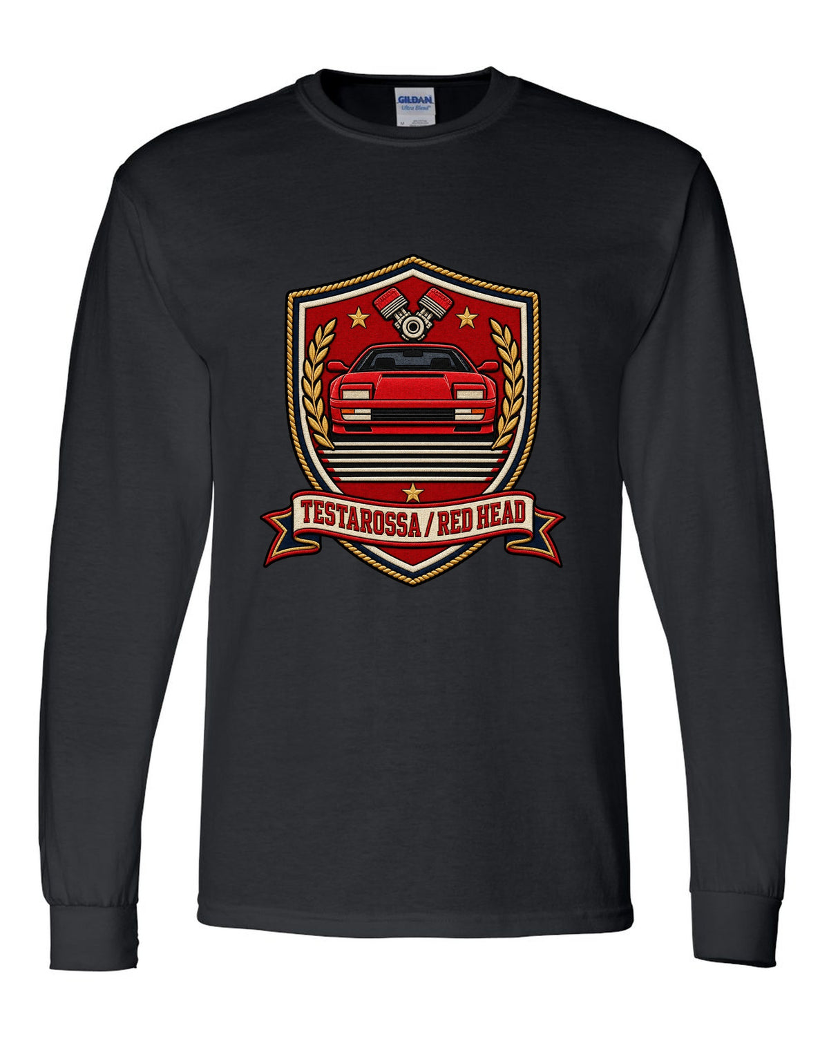 Shield crest layout for the 1984 Ferrari Testarossa with red head text black long sleeve front view with the design