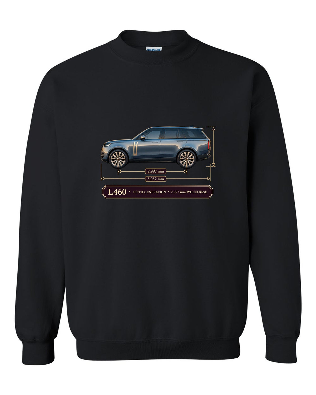 Dimension blueprint print of the Range Rover L460 fifth generation with wheelbase black crewneck front view with the design