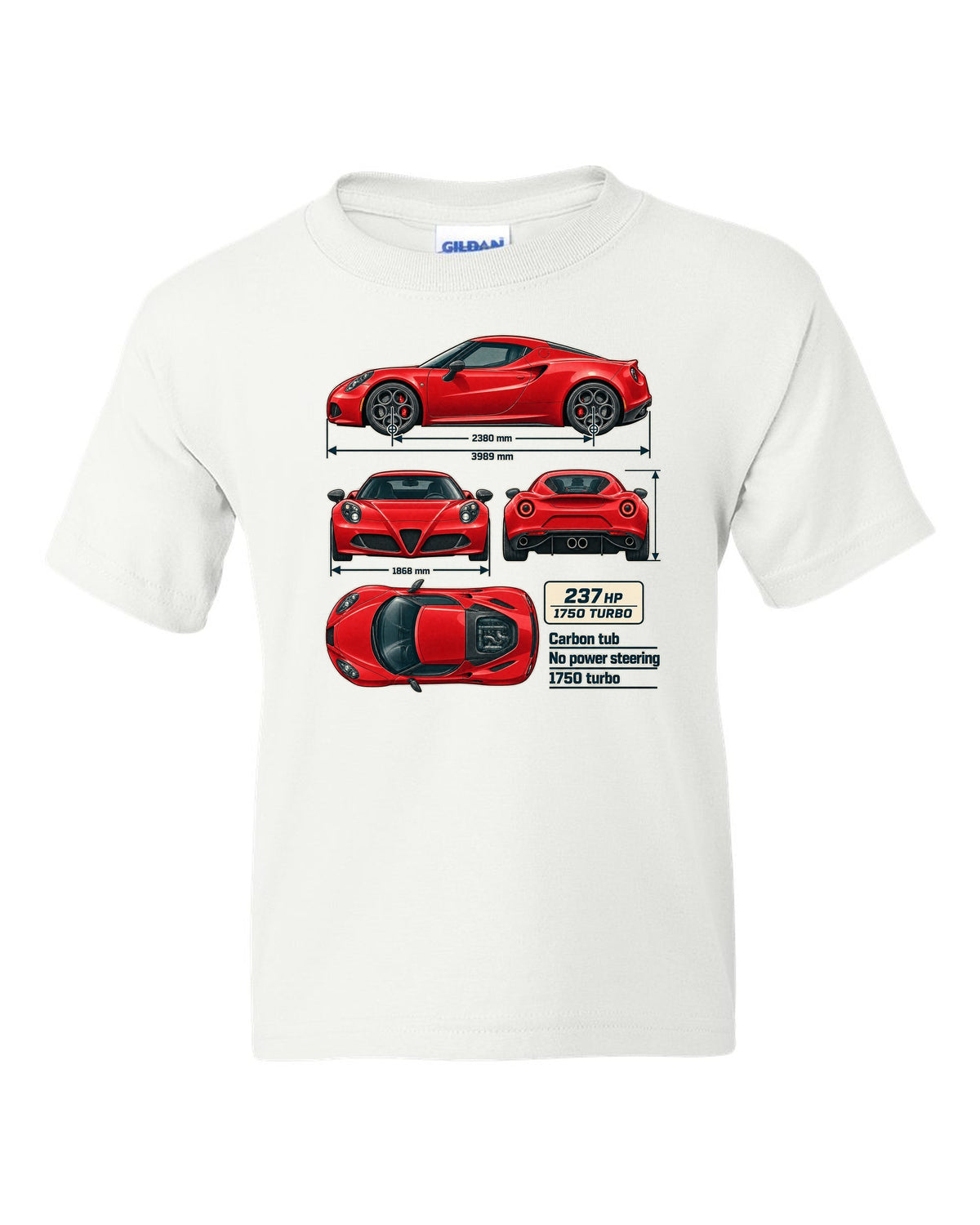 Dimension blueprint print of the Alfa Romeo 4C coupe with carbon tub and 1750 turbo callouts white kids tee front view with the design