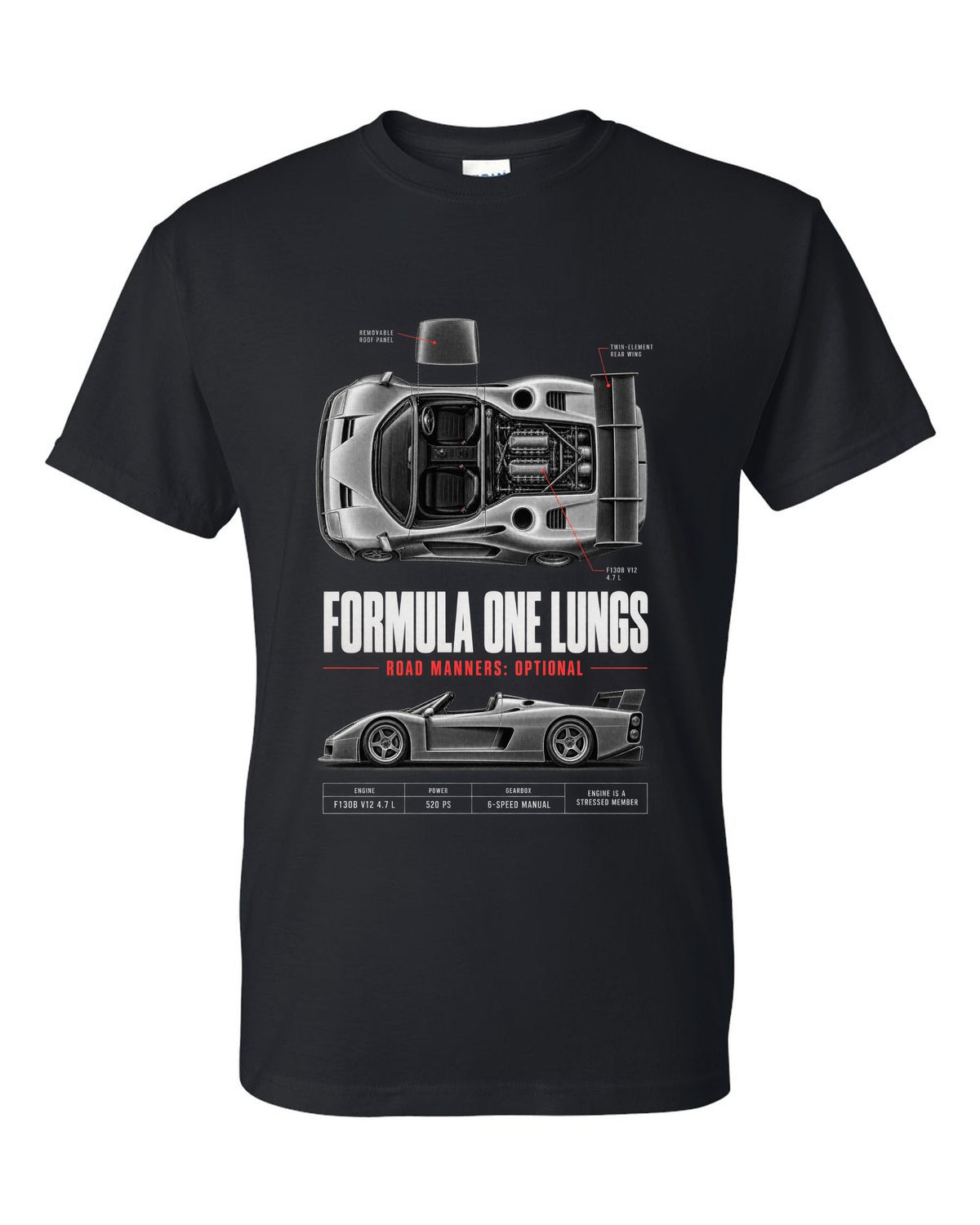 Ferrari F50 1995 top-down and profile spec poster print, F130B V12 4.7 L black t-shirt front view with the design