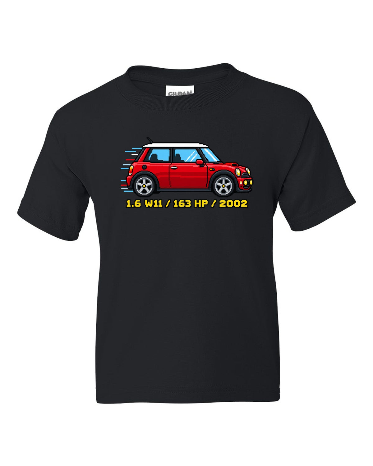 Sixteen-bit pixel art Mini Cooper S R53 with 1.6 W11, 163 HP, 2002 stats black kids tee front view with the design