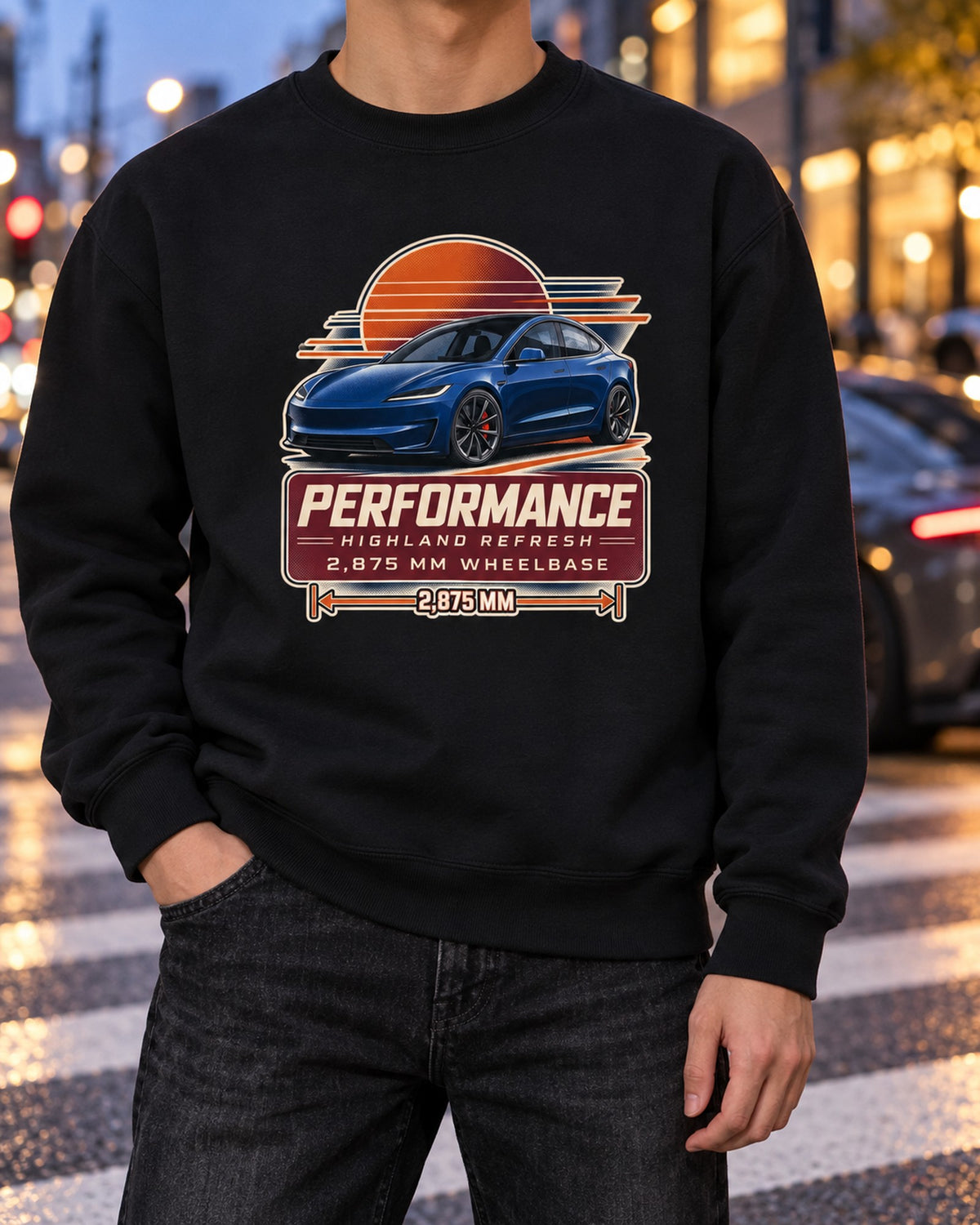 Tesla Model 3 Performance Highland Spec Poster Shirt, 2024 Crewneck Black worn hero